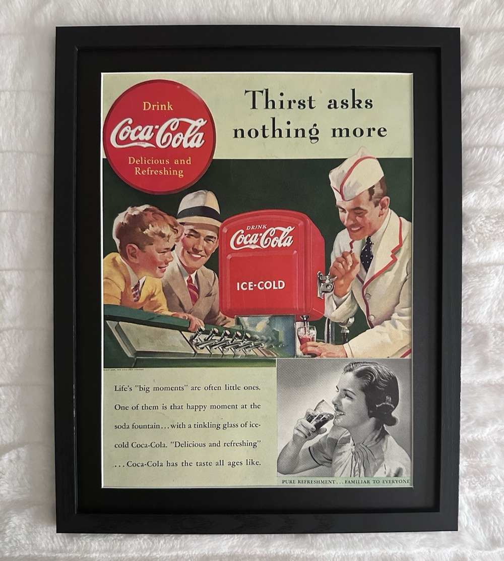 Framed 1939 Coca-Cola Bottle Ad "Thirst Asks Nothing More" Vintage Print Ad